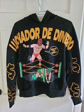 Luchador De Dinero Black Graphic Hoodie with Yellow Print